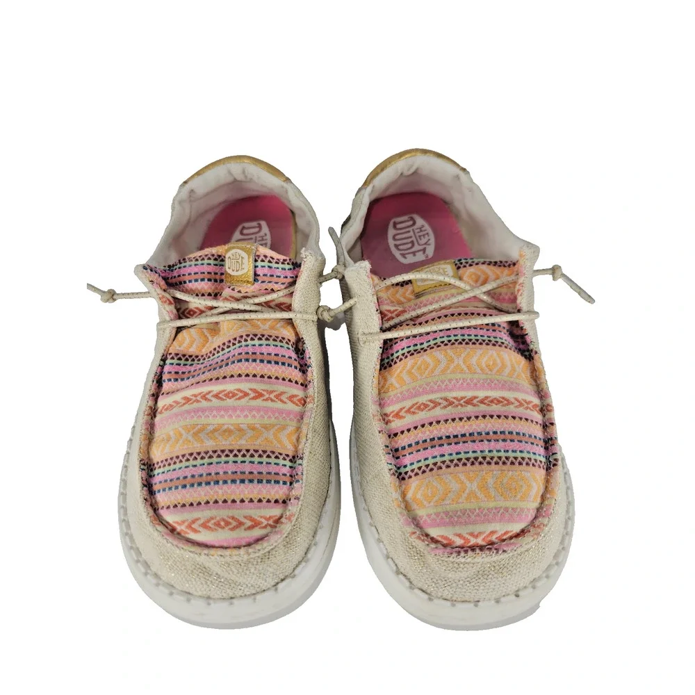 HEYDUDE Wendy Kids Size 5 Natural Multi Boho Festival Casual Slip On Shoes